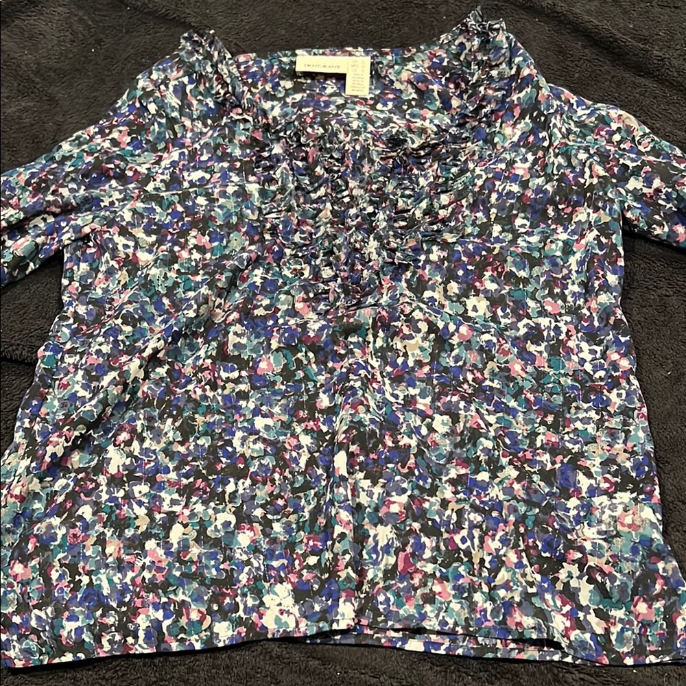 DKNY Blue and Pink Ruched Blouse with Peter Pan Collar
